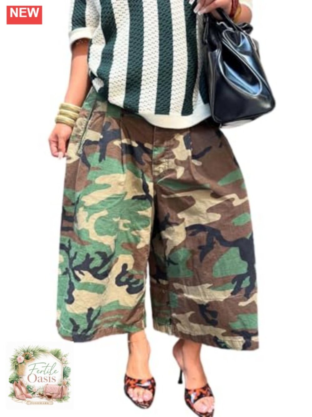 High Waist Camo Cargo Capri Jeans Wide Leg Pull On